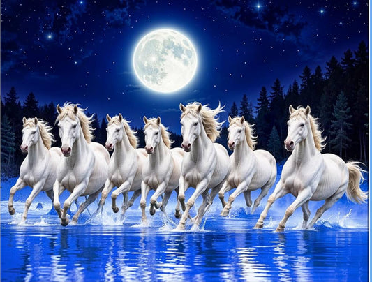 Seven Lucky Running Vastu Horses Art Framed Painting - Blue