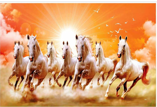 Seven Lucky Running Vastu Horses Art Framed Painting - sun