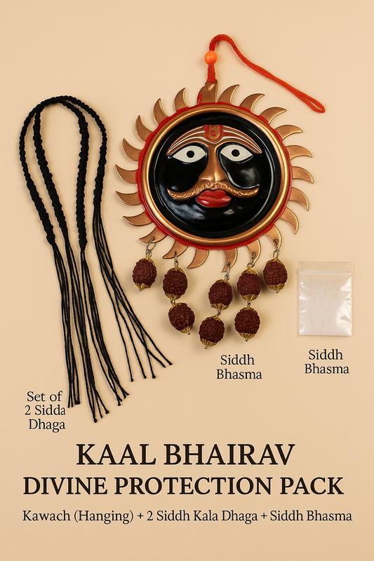 Kaal Bhairav Divine Protection Pack   Sacred Combo: Kawach (Hanging) + 2 Siddh Kala Dhaga + Siddh Bhasma